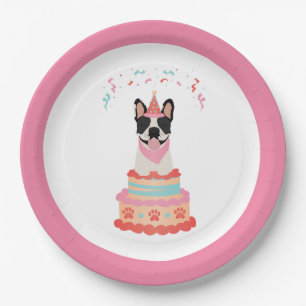 Happy Birthday French Bulldog Party Hats Pink Paper Plate