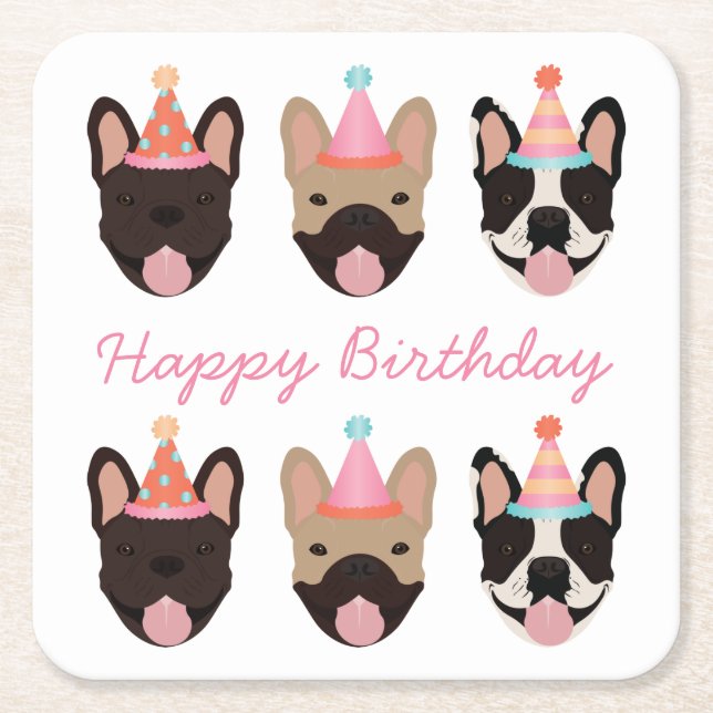 Happy Birthday French Bulldog Party Hats Pink Square Paper Coaster (Front)
