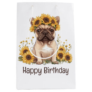 Happy Birthday French Bulldog Sunflowers Medium Gift Bag