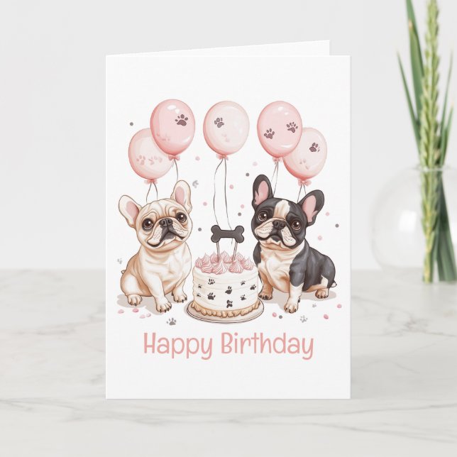 Happy Birthday French Bulldogs Birthday Cake Pink Card (Front)