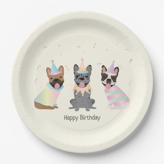 Happy Birthday French Bulldogs Paper Plate (Front)