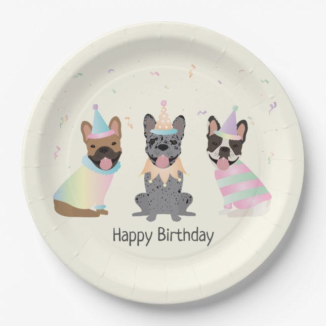 Happy Birthday French Bulldogs Paper Plate (Front)