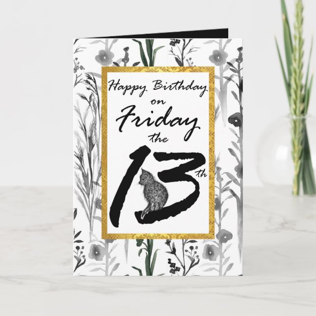 Happy Birthday Friday the 13th Black Cat Flowers Card (Front)