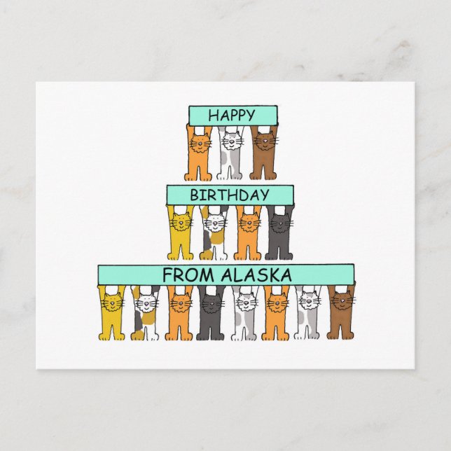 Happy Birthday from Alaska Cartoon Cats Postcard (Front)