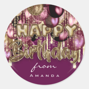 Happy Birthday From Burgundy GOLD Balloons Sepia Classic Round Sticker