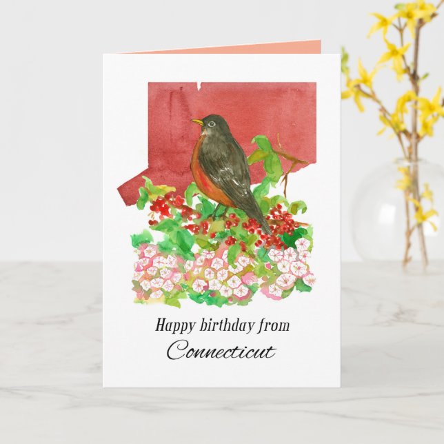 Happy Birthday From Connecticut State Watercolor Card (Yellow Flower)