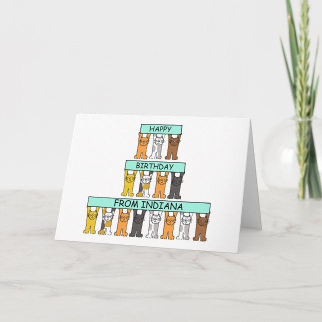 Happy Birthday from Indiana Cartoon Cats Card (Front)