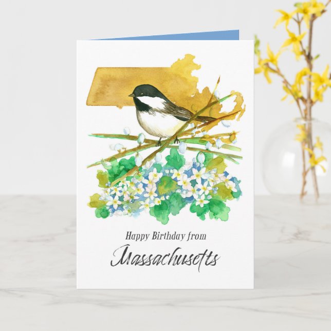 Happy Birthday from Massachusetts Chickadee Flower Card (Yellow Flower)