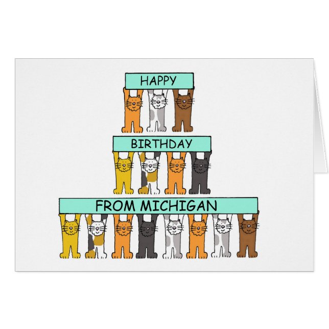 Happy Birthday from Michigan Cartoon Cats (Front Horizontal)