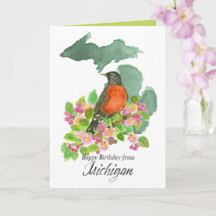 Happy Birthday from Michigan Robin Apple Blossom Card