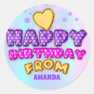 Happy Birthday From Name Balloon Pink Golden Heart Classic Round Sticker