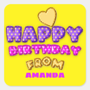 Happy Birthday From Name Balloons Pink Heart Yello Square Sticker