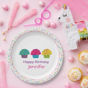 Happy Birthday Frosted Cupcake Rainbow Sprinkles  Paper Plate