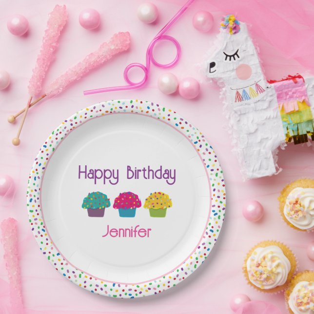 Happy Birthday Frosted Cupcakes Rainbow Sprinkles  Paper Plate (Party)