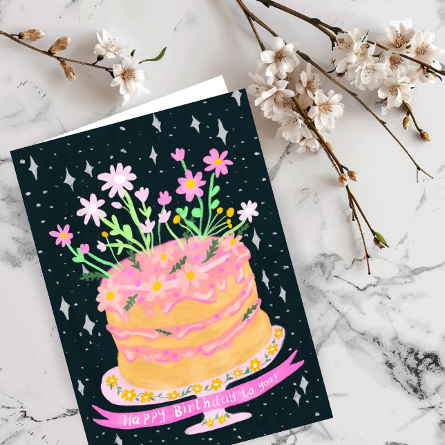 Happy Birthday Fun Cake with Pink Flowers Gouache  Card (Happy Birthday Fun Cake with Pink Flowers Gouache Card
)