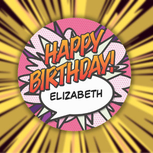 HAPPY BIRTHDAY Fun Comic Book Pink Classic Round Sticker