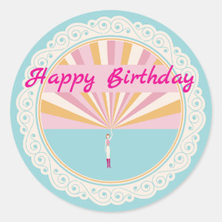 Happy Birthday Fun Party Cup, Pink Rainbow Classic Round Sticker