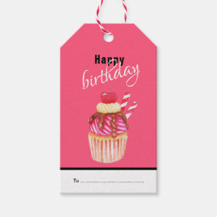 Happy Birthday, Fun  Pink Cupcake Gift Tags