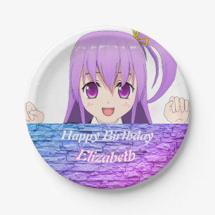 Happy Birthday fun pink purple anime kawaii girl Paper Plate