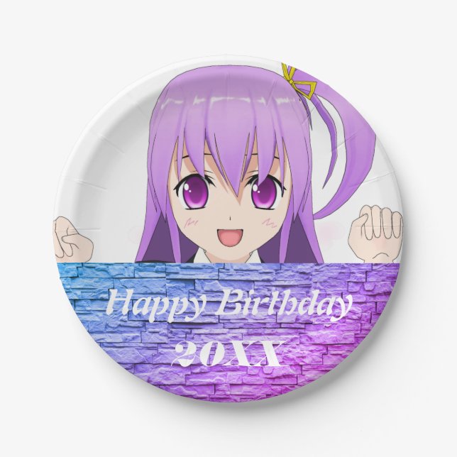 Happy Birthday fun pink purple anime  Paper Plate (Front)