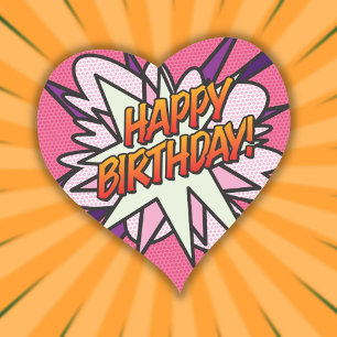 HAPPY BIRTHDAY Fun Retro Comic Book Pink Heart Sticker