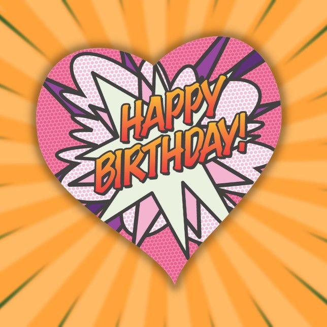 HAPPY BIRTHDAY Fun Retro Comic Book Pink Heart Sticker (HAPPY BIRTHDAY Fun Retro Comic Book Pink Heart Sticker)