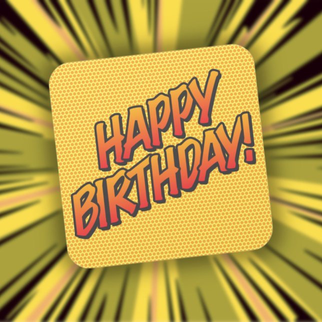 HAPPY BIRTHDAY Fun Retro Comic Book Square Sticker (HAPPY BIRTHDAY Fun Retro Comic Book Square Sticker)