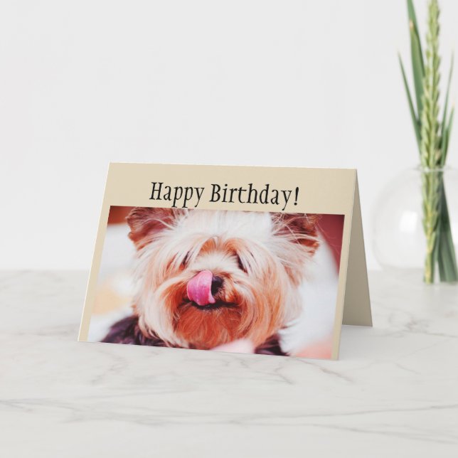 Happy Birthday Fun Yorkie Dog Licking Lips Card (Front)