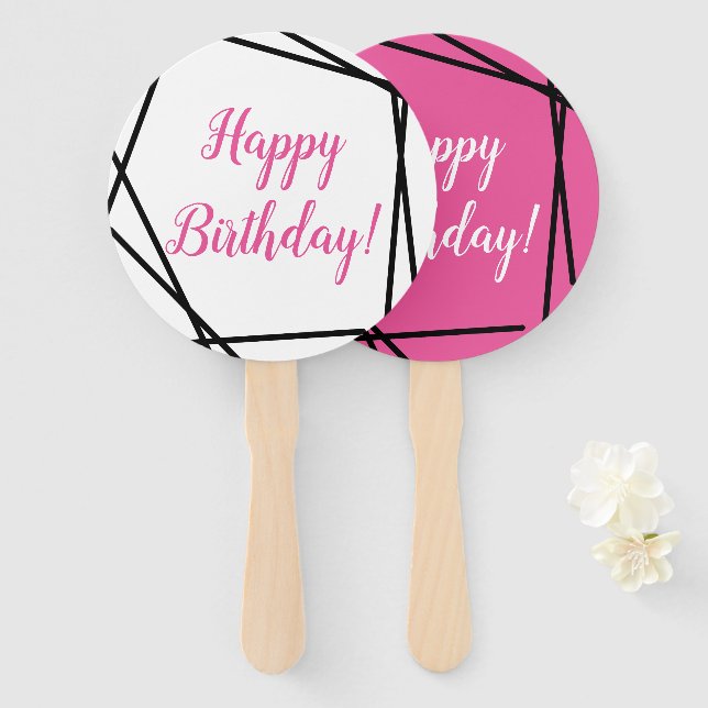 Happy Birthday Funky Geometric Pink Hand Fan (Front and Back)