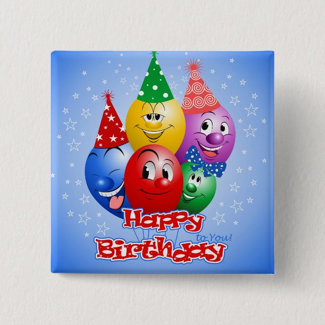 Happy Birthday Funny Balloons, 15 Cm Square Badge (Front)