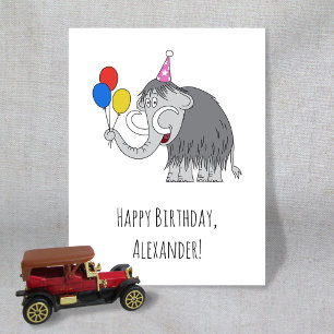 Happy Birthday Funny Cute Mammoth Hat Balloons Postcard