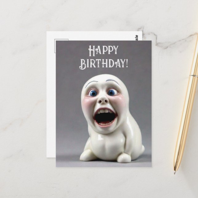 Happy Birthday Funny Figurine Postcard (Front/Back In Situ)