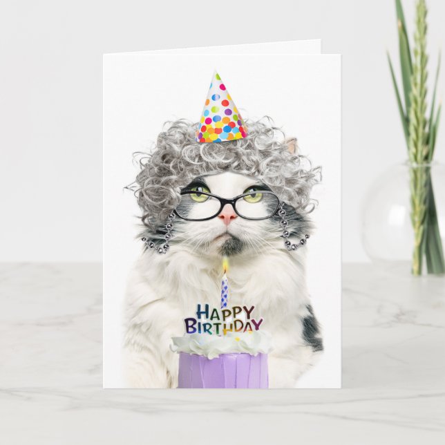 Happy Birthday Funny Old Lady Cat in Party Hat Holiday Card (Front)