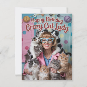 Happy Birthday funny retro Crazy Cat Lady Postcard