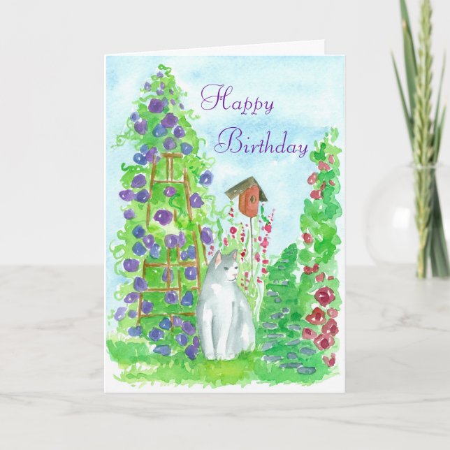 Happy Birthday Garden Cat Watercolor Flower Art Card (Front)