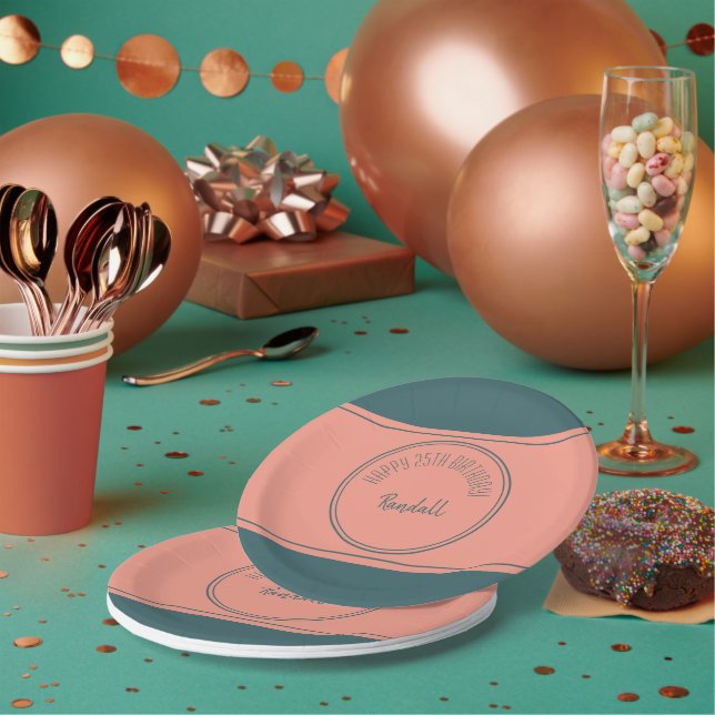 Happy Birthday Geometric Double Circle Teal Paper Plate (Multi)