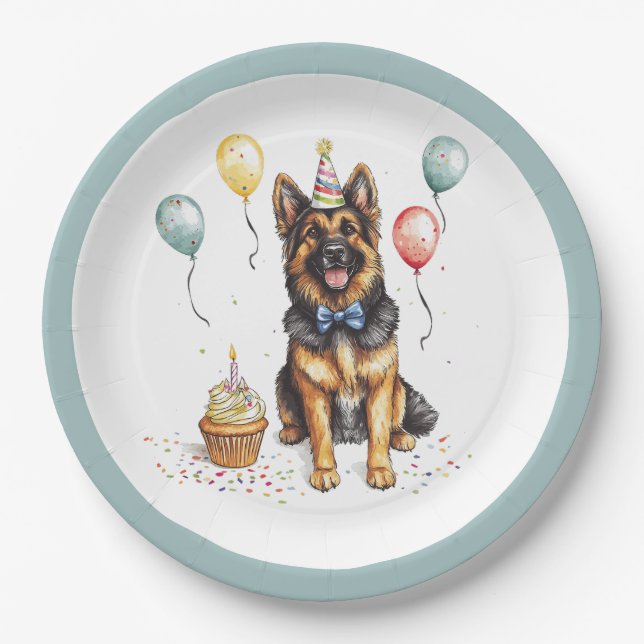 Happy Birthday German Shepherd Dog Paper Plate (Front)