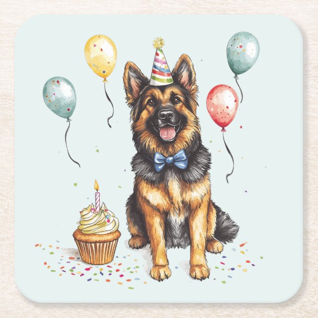 Happy Birthday German Shepherd Dog Square Paper Coaster (Front)