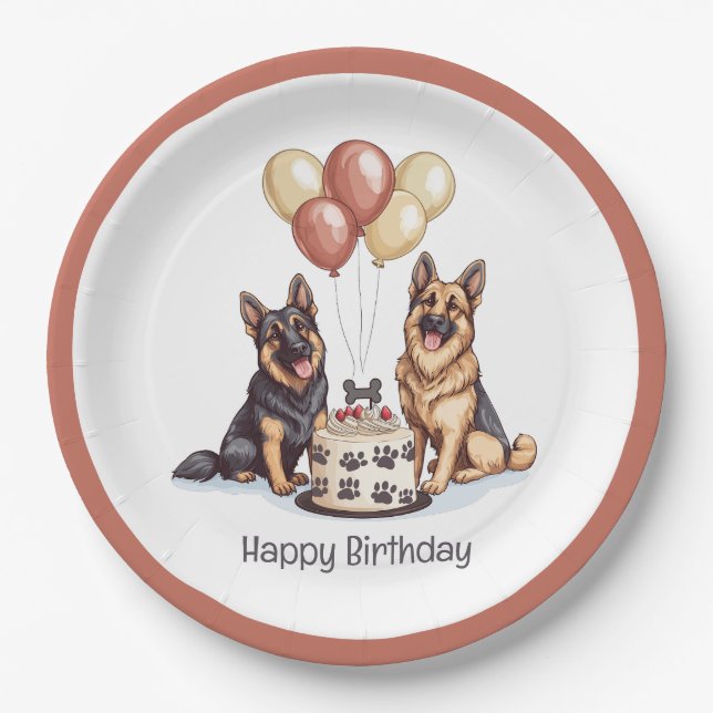 Happy Birthday German Shepherd Dogs Birthday Cake Paper Plate (Front)
