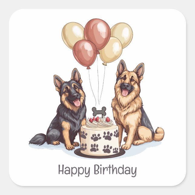 Happy Birthday German Shepherd Dogs Birthday Cake Square Sticker (Front)