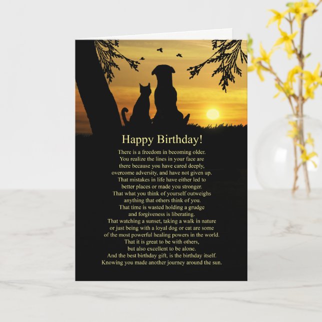 Happy Birthday Getting Older Cute Dog and Cat Card (Yellow Flower)