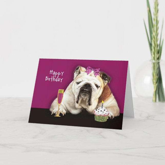 happy birthday, getting older, funny dog, pink bow card (Front)