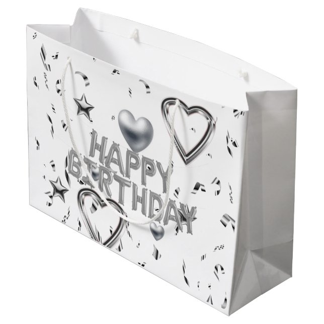 Happy Birthday Gift Bag Silver Hearts (Back Angled)