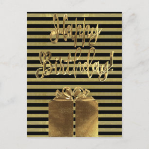 Happy Birthday Gift Black Gold Typography Striped Postcard