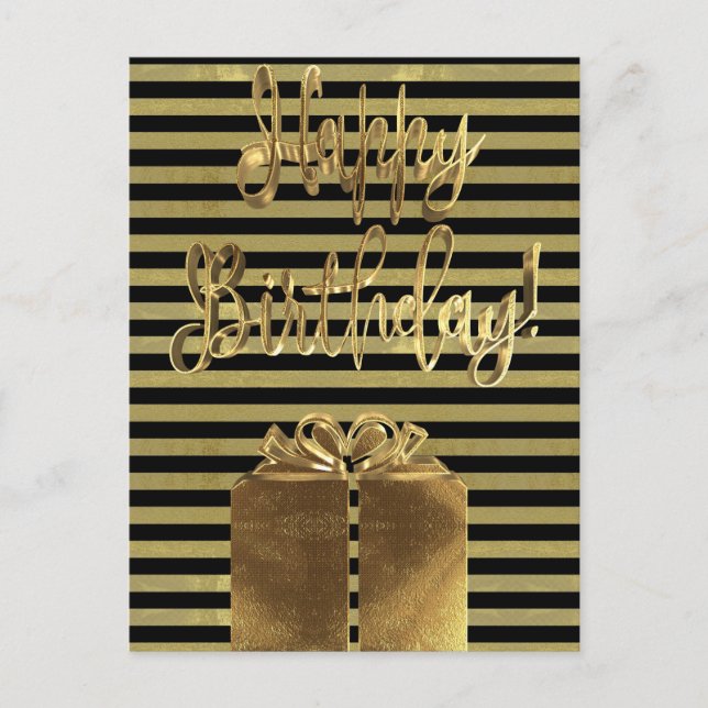 Happy Birthday Gift Black Gold Typography Striped Postcard (Front)