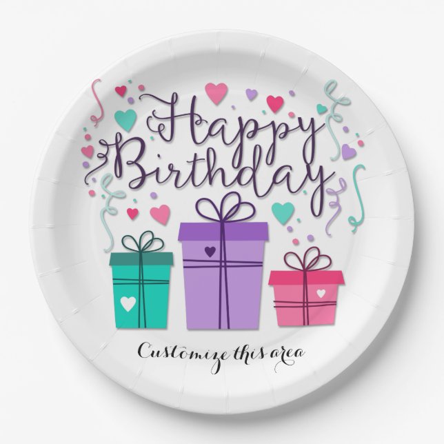 Happy Birthday Gift Boxes on White Customise Paper Plate (Front)