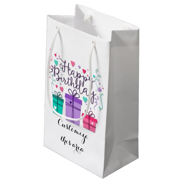 Happy Birthday Gift Boxes on White Customise Small Gift Bag (Back Angled)