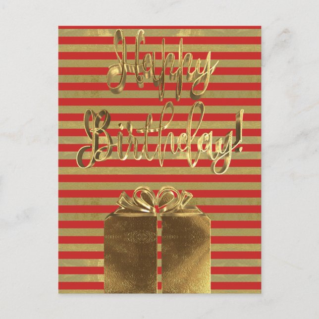 Happy Birthday Gift Red Gold Typography Striped Postcard (Front)