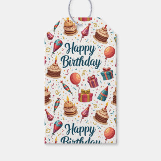 Happy Birthday Gift Tags with Balloons and Cake