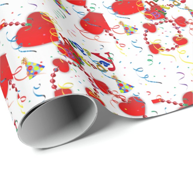 Happy Birthday Gift Wrapping Paper Red Hearts (Roll Corner)